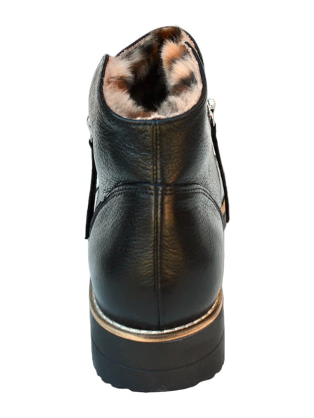 BLACK LEATHER ANKLE BOOT WITH SIDE ZIPPERS AND FAUX FUR LEOPARD LINING Shoes Django & Juliette 
