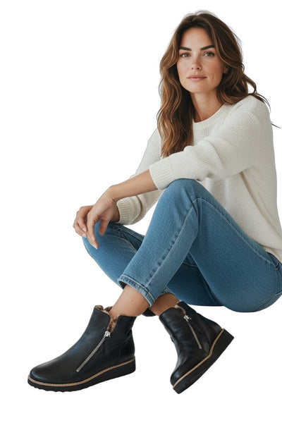 BLACK LEATHER ANKLE BOOT WITH SIDE ZIPPERS AND FAUX FUR LEOPARD LINING Shoes Django & Juliette 