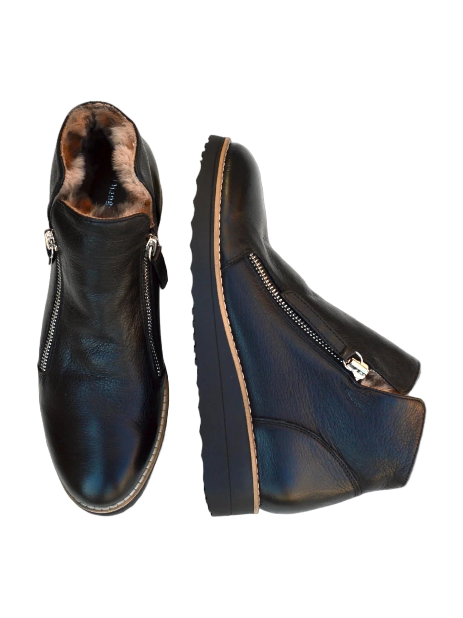 BLACK LEATHER ANKLE BOOT WITH SIDE ZIPPERS AND FAUX FUR LEOPARD LINING Shoes Django & Juliette 36 Black/Leopard Fur Lining 