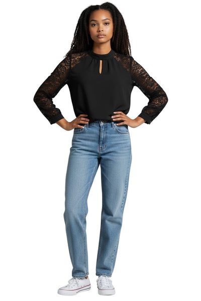 BLACK LINED LACE SLEEVE KEYHOLE FRONT BACK TOP Blouse Bali 