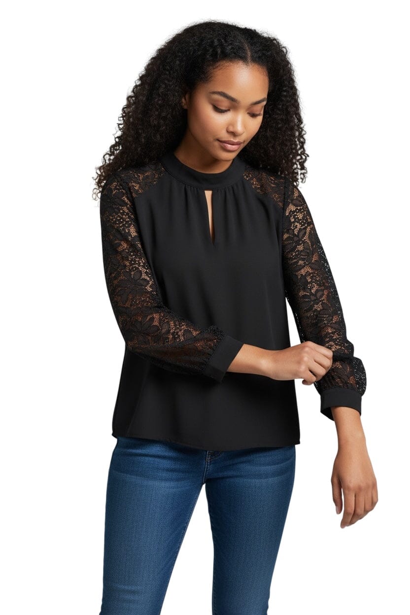 BLACK LINED LACE SLEEVE KEYHOLE FRONT BACK TOP Blouse Bali XS Black 