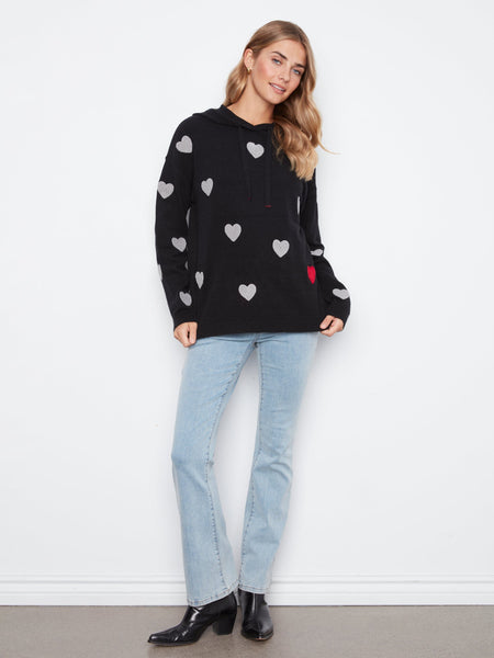 BLACK LONG SLEEVE HEART PRINT SWEATER WITH HOODY SWEATER Charlie B 