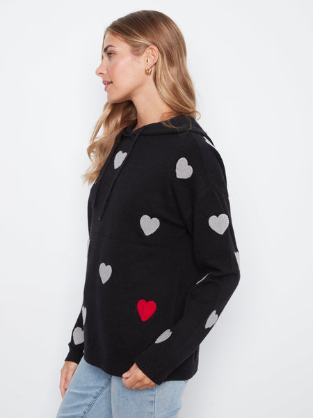 BLACK LONG SLEEVE HEART PRINT SWEATER WITH HOODY SWEATER Charlie B 