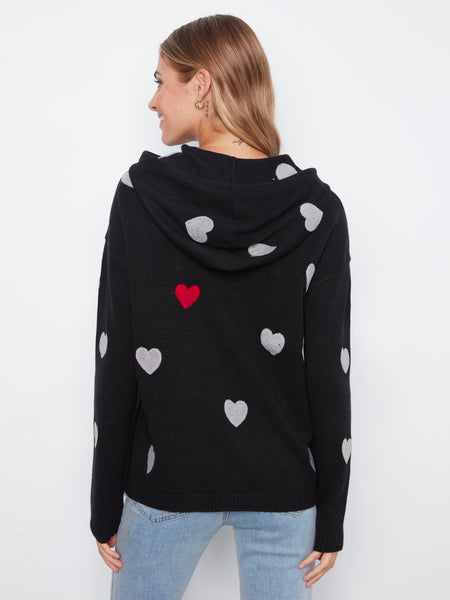 BLACK LONG SLEEVE HEART PRINT SWEATER WITH HOODY SWEATER Charlie B 