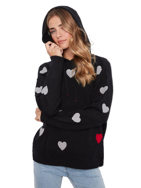 BLACK LONG SLEEVE HEART PRINT SWEATER WITH HOODY SWEATER Charlie B 