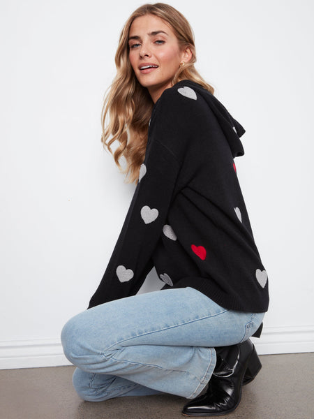 BLACK LONG SLEEVE HEART PRINT SWEATER WITH HOODY SWEATER Charlie B 