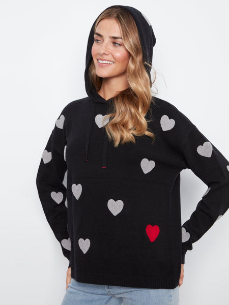 BLACK LONG SLEEVE HEART PRINT SWEATER WITH HOODY SWEATER Charlie B XS Black/Heart 