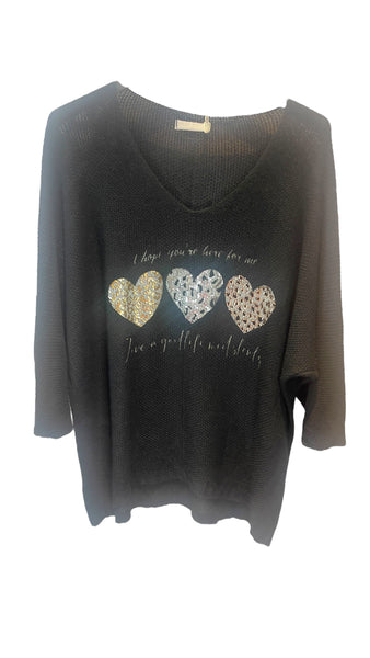 BLACK METALLIC HEART LEOPARD LOOSE OPEN KNIT SWEATER Sweater Karma OS Black 