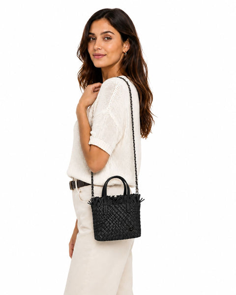 BLACK MINI WOVEN TOTE FRINGED HANDBAG Handbag prenelove 