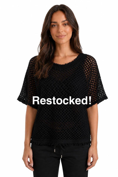 BLACK OPEN KNIT LINED DISTRESSED NECKLINE TOP Shirts & Tops Made In Italy 