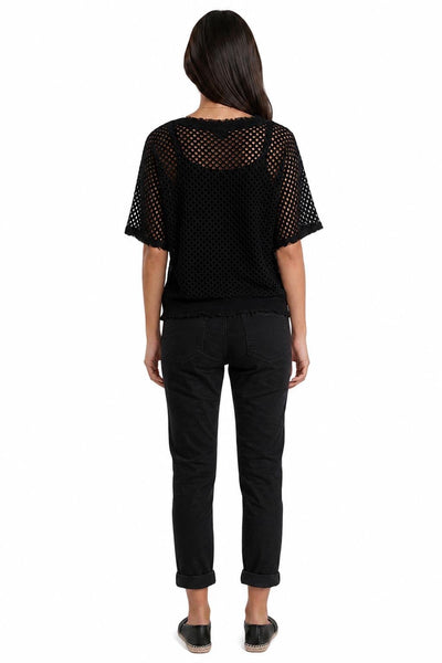 BLACK OPEN KNIT LINED DISTRESSED NECKLINE TOP Shirts & Tops Made In Italy 