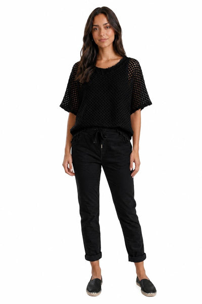 BLACK OPEN KNIT LINED DISTRESSED NECKLINE TOP Shirts & Tops Made In Italy 