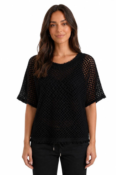 BLACK OPEN KNIT LINED DISTRESSED NECKLINE TOP Shirts & Tops Made In Italy One Size Black 