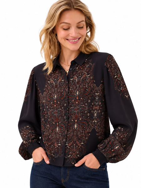 BLACK PAISLEY PRINT BUTTON DOWN BLOUSE Blouse CREAM 