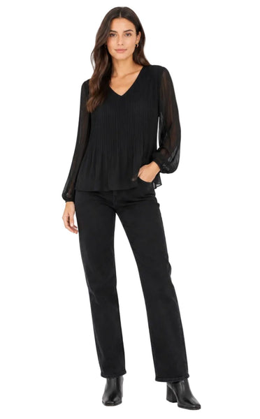 BLACK PLEATED GEORGETTE FLOWY V NECK TOP Top Pistache 