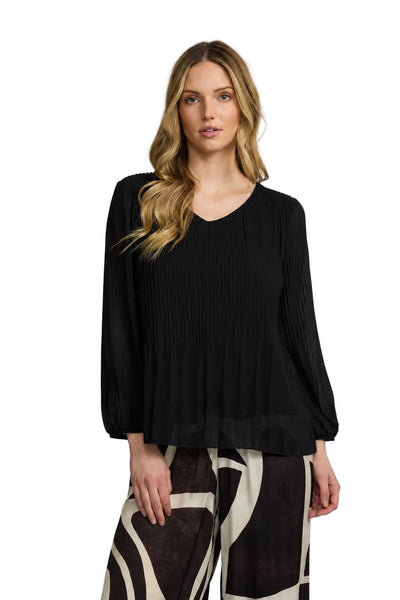 BLACK PLEATED GEORGETTE FLOWY V NECK TOP Top Pistache S Black 