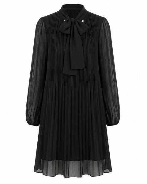 BLACK PLEATED V-NECK GEORGETTE FLOWY DRESS WITH NECKTIE Dress Pistache 