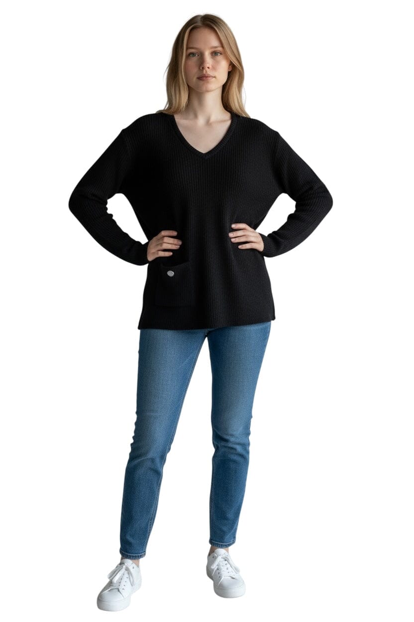 BLACK RIBBED FRONT POCKET V NECK TOP Top Bali 