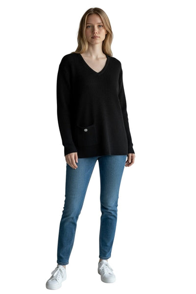 BLACK RIBBED FRONT POCKET V NECK TOP Top Bali 