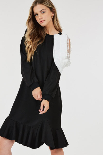 BLACK RUFFLED HEM WHITE PLEATED DETAIL DRESS Dress FashionWear Collection 