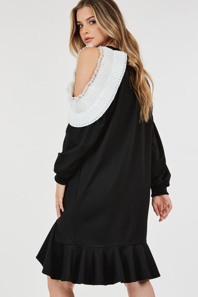 BLACK RUFFLED HEM WHITE PLEATED DETAIL DRESS Dress FashionWear Collection 