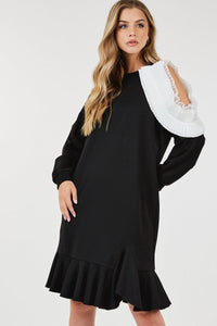 BLACK RUFFLED HEM WHITE PLEATED DETAIL DRESS Dress FashionWear Collection S Black/White 