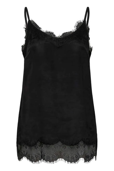 BLACK SATIN TANK WITH LACE NECKLINE AND LACE HEM Shirts & Tops CREAM 