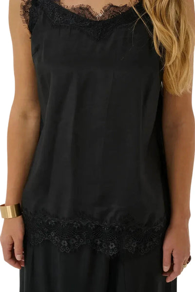BLACK SATIN TANK WITH LACE NECKLINE AND LACE HEM Shirts & Tops CREAM 34 Black 