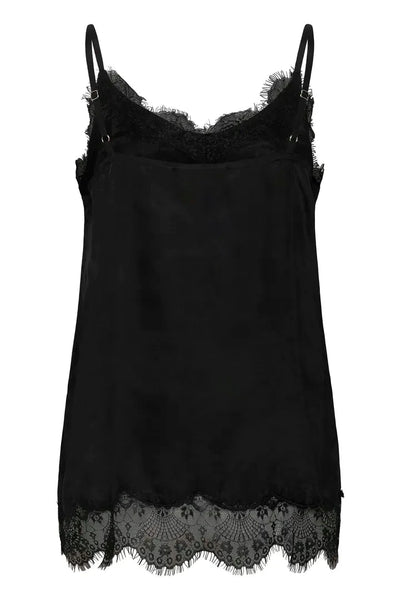 BLACK SATIN TANK WITH LACE NECKLINE AND LACE HEM Shirts & Tops CREAM 