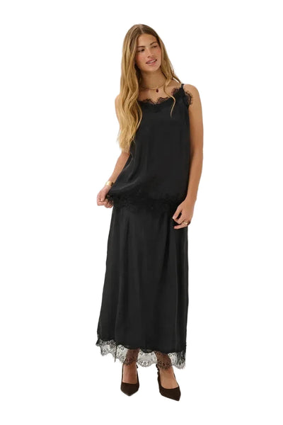 BLACK SATIN TANK WITH LACE NECKLINE AND LACE HEM Shirts & Tops CREAM 