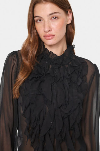 BLACK SHEER FRONT RUFFLE DETAIL BLOUSE Top Saint Tropez 