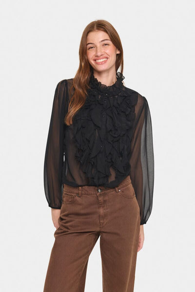 BLACK SHEER FRONT RUFFLE DETAIL BLOUSE Top Saint Tropez S Black 