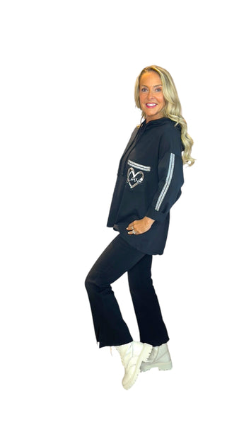 BLACK SILVER HEART BEAUTIFUL COTTON HOODY Sweater Karma 