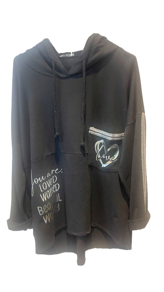 BLACK SILVER HEART BEAUTIFUL COTTON HOODY Sweater Karma 