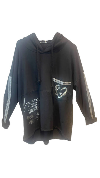 BLACK SILVER HEART BEAUTIFUL COTTON HOODY Sweater Karma OS Black 