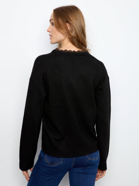 BLACK SWEATER WITH ANIMAL PRINT NECKLINE DETAIL SWEATER Charlie B 