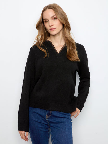 BLACK SWEATER WITH ANIMAL PRINT NECKLINE DETAIL SWEATER Charlie B 