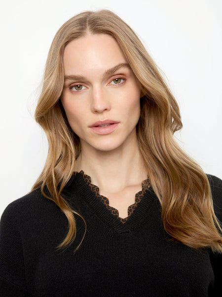 BLACK SWEATER WITH ANIMAL PRINT NECKLINE DETAIL SWEATER Charlie B 