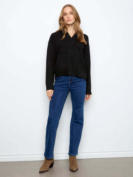 BLACK SWEATER WITH ANIMAL PRINT NECKLINE DETAIL SWEATER Charlie B 
