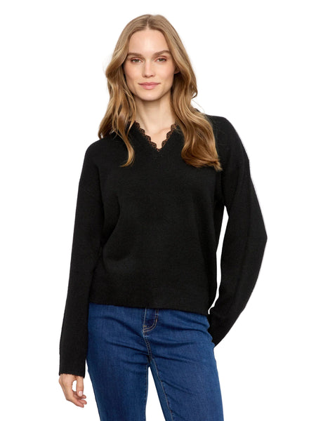 BLACK SWEATER WITH ANIMAL PRINT NECKLINE DETAIL SWEATER Charlie B XS Black 