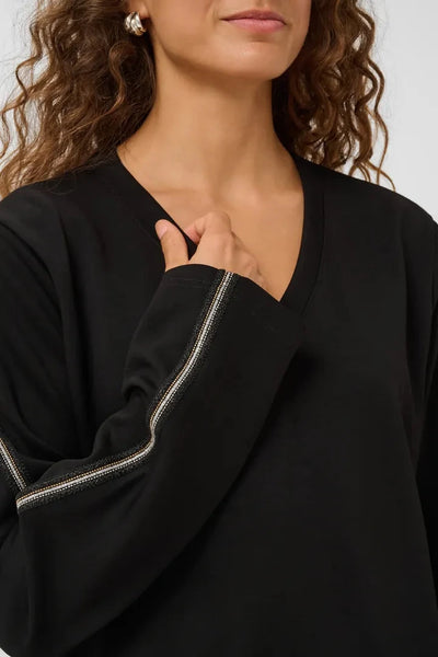 BLACK V NECK SWEATSHIRT WITH DETAILED SLEEVE T Shirts & Tops CULTURE 
