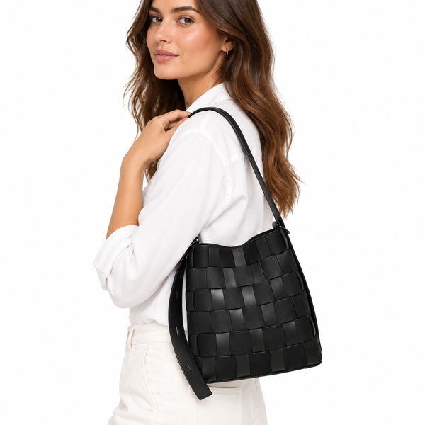 BLACK VEGAN LEATHER AND SUEDE BAG Handbag Prenelove 