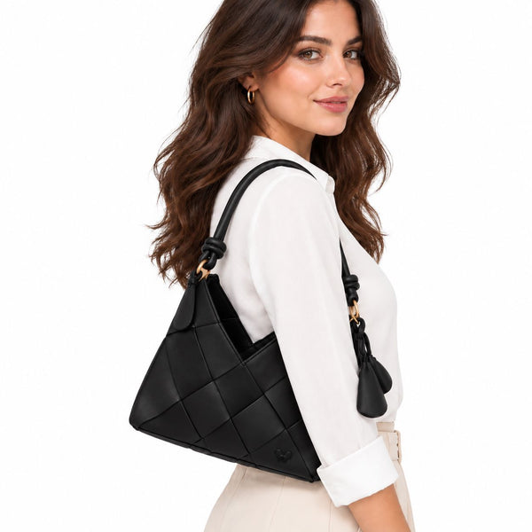 BLACK VEGAN LEATHER WOVEN HANDBAG WITH SEPARATE INSERT Handbag Prenelove 