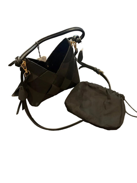 BLACK VEGAN LEATHER WOVEN HANDBAG WITH SEPARATE INSERT Handbag Prenelove OS Black 