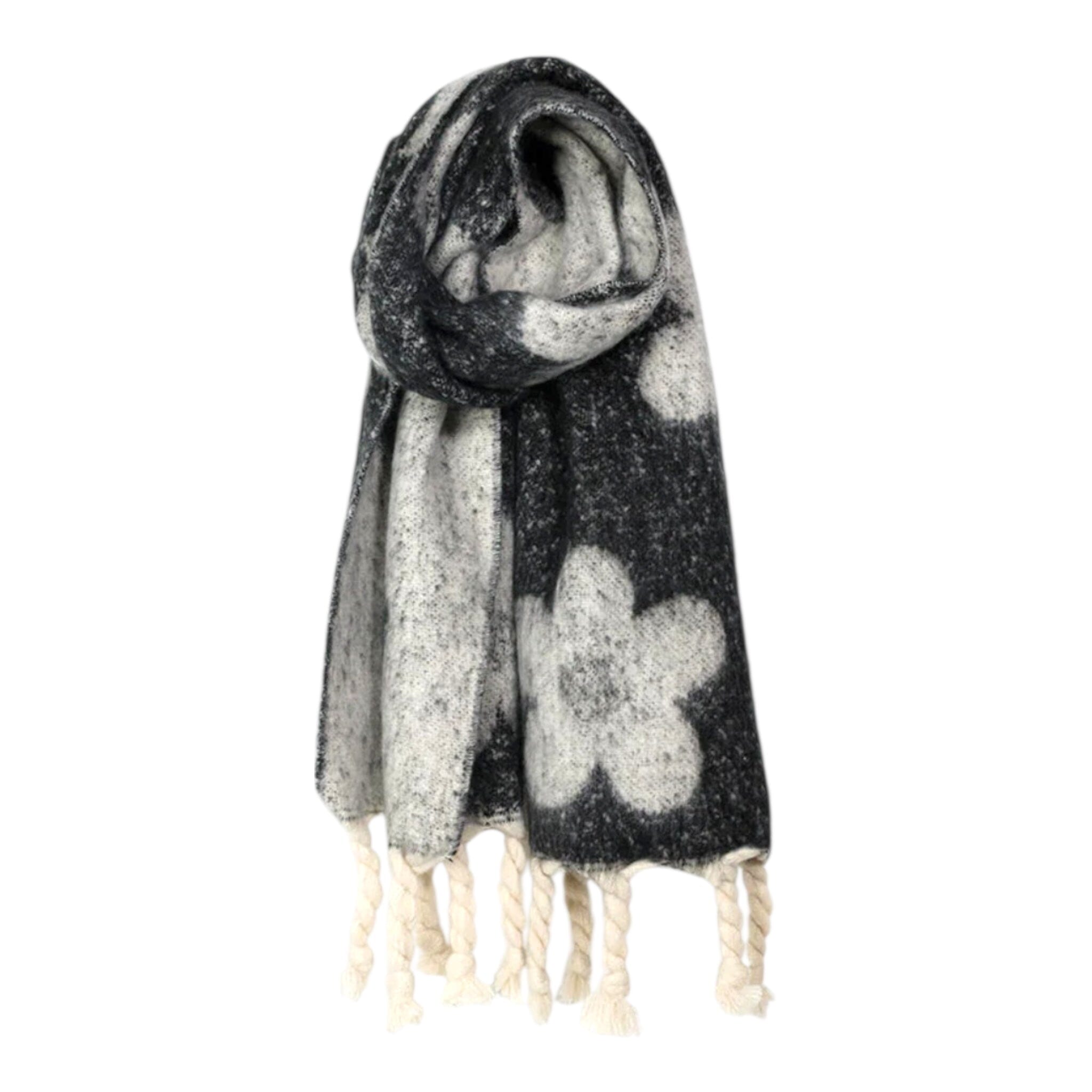 BLACK WHITE FLOWER PRINT TASSEL SCARF Scarf FashionWear Canada Black/White 
