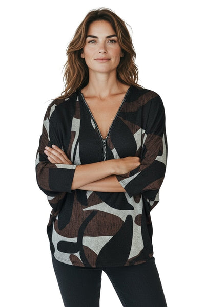 BLING ZIPPER BROWN BLACK PRINT TOP Blouse Bali 