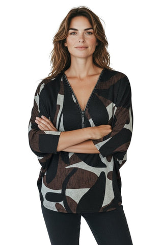 BLING ZIPPER BROWN BLACK PRINT TOP Blouse Bali 