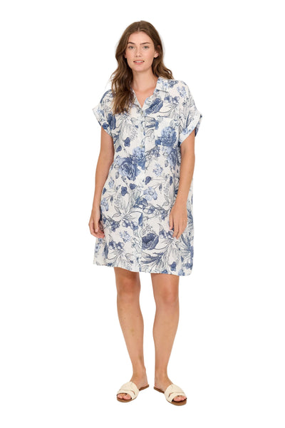 BLUE AND WHITE FLORAL SHORT SLEEVE LINEN SHIFT DRESS Dress Pistache XS Blue Floral 