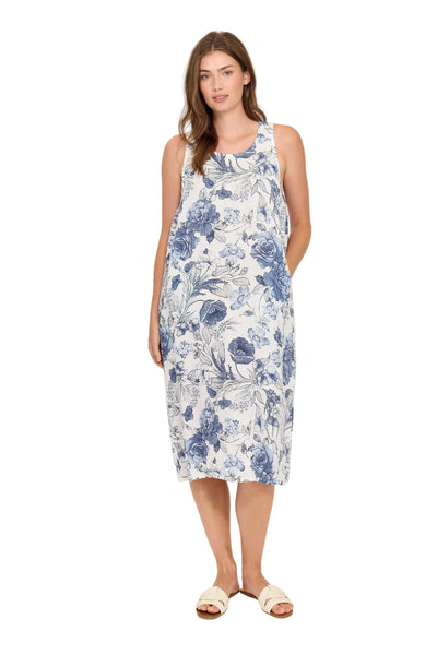 BLUE AND WHITE FLORAL SLEEVELESS LINEN DRESS Dress Pistache XS Blue 