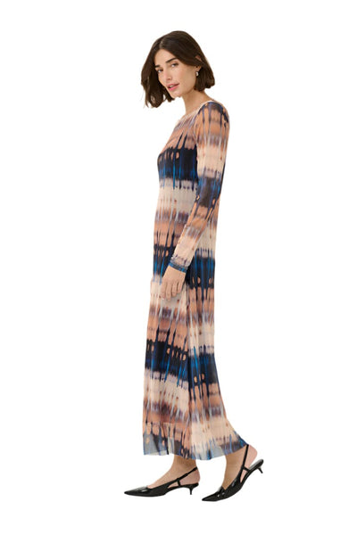 BLUE BEIGE GRAPHIC MESH LONG DRESS Dresses CULTURE S Blue/Beige Graphic 